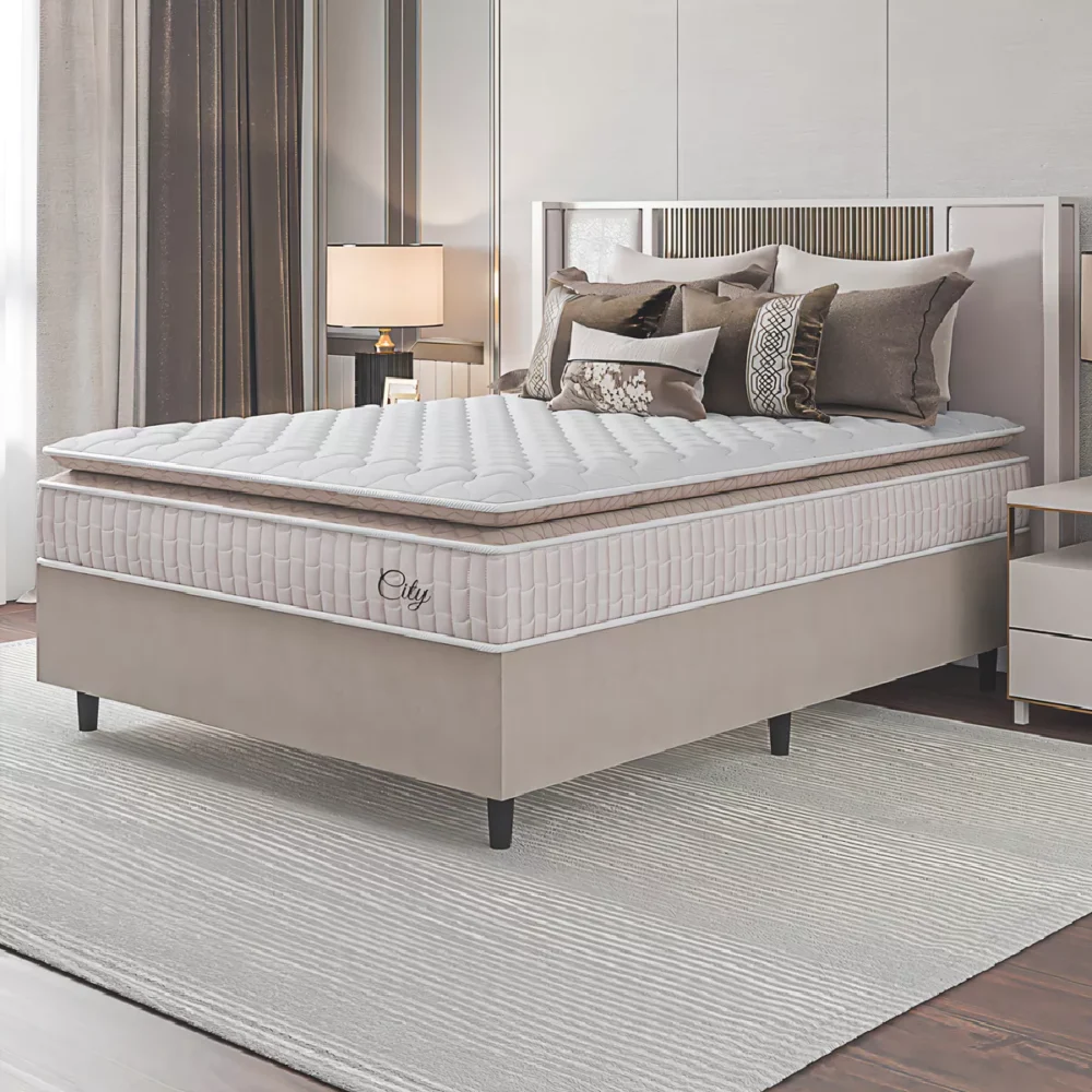 Cama Box Colchão Casal Molas Ensacadas City Pillow Top 138x188x61cm Branco e Bege Hellen - Image 3
