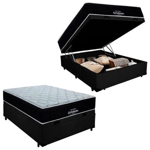 cama box baú casal suede + colchão airtech molas ensacadas antares ortobom 138x188x71 cor preto