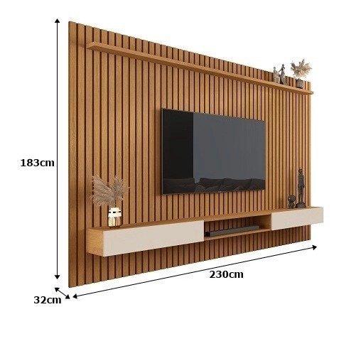 painel para tv até 85 polegadas ripado verdadeiro versátil 2.2×1.8 com nicho natureoff white